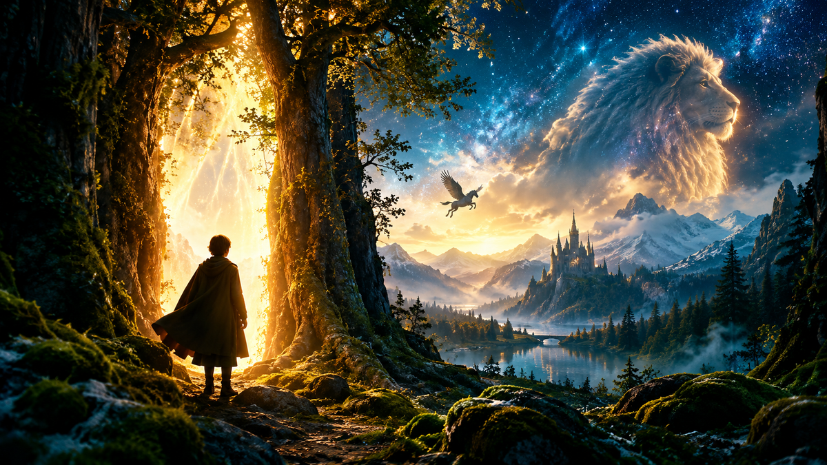 Fantasy editorial artwork inspired by the magical worlds and cosmic wonder of Narnia